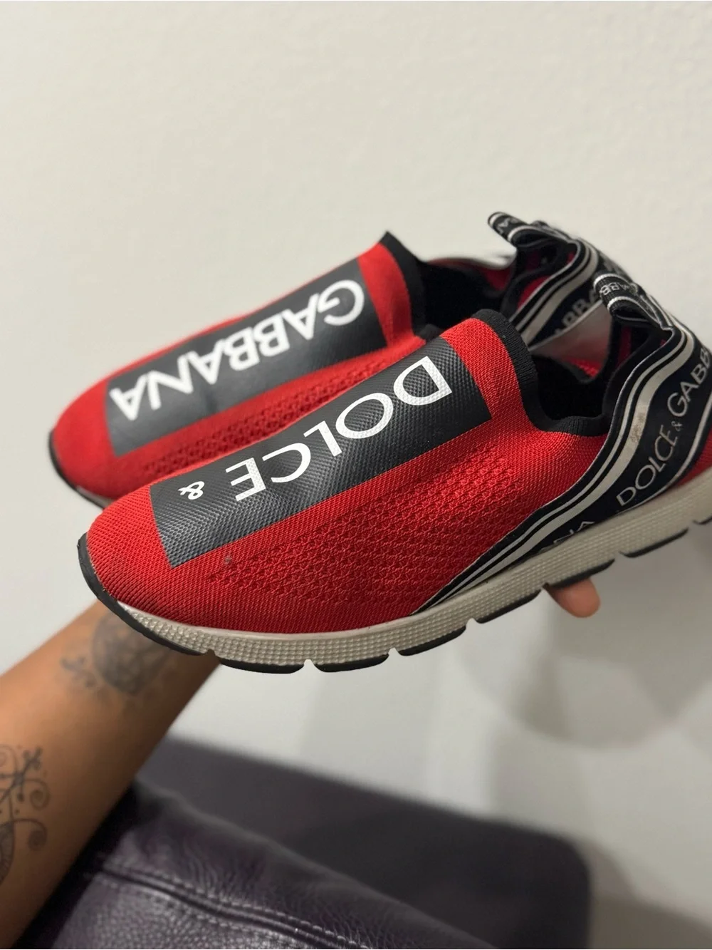 100% AUTH Dolce & Gabbana Kids Red & Black Slip-On Sneakers